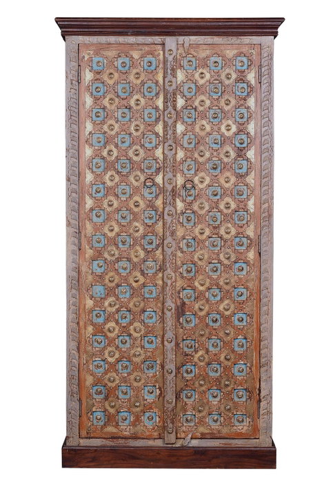 GINER Y COLOMER Armoire 2 portes en bois de manguier, couleur nogal et gris vieilli